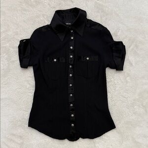 bebe Black Satin Trim Button-Down Shirt